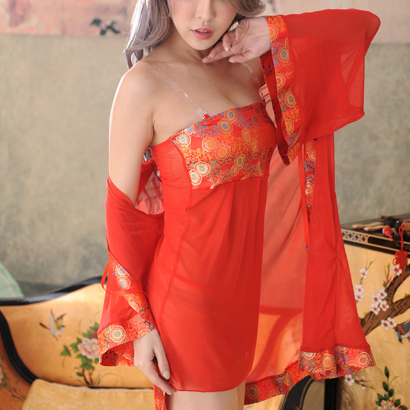 梦回唐朝古风汉服网纱肚兜大红性感内衣睡裙套装新娘装200斤胖mm