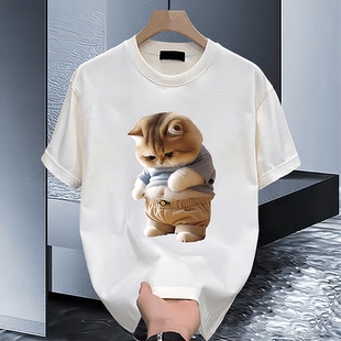 T恤胖猫印花宽松休闲半袖 透气男装 百搭大码 230克重磅纯棉圆领短袖