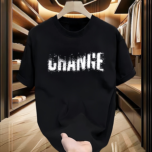 T恤简约半袖 透气男装 欧美休闲潮牌印花大码 230克重磅纯棉圆领短袖