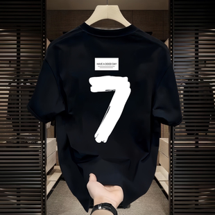 T恤潮牌数字7印花半袖 透气男装 男 百搭大码 230克重磅纯棉圆领短袖
