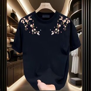 潮 T恤透气大码 230克重磅纯棉圆领短袖 国潮梅花小众设计感印花男装