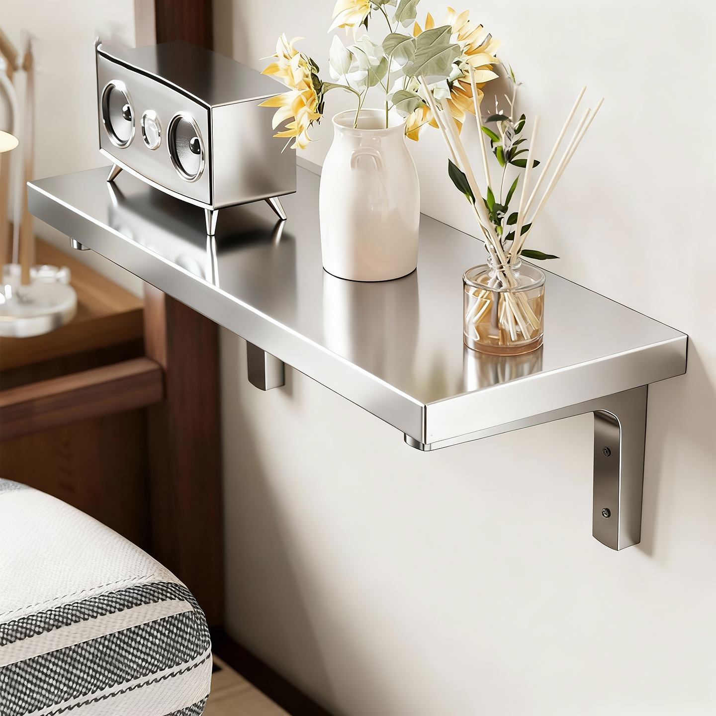 实木墙上置物架墙面装饰展示架电视背景墙一字板收纳板投影仪支架