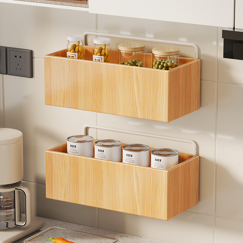 厨房实木置物架家用免打孔壁挂式调味品收纳架多功能葱姜蒜储物架