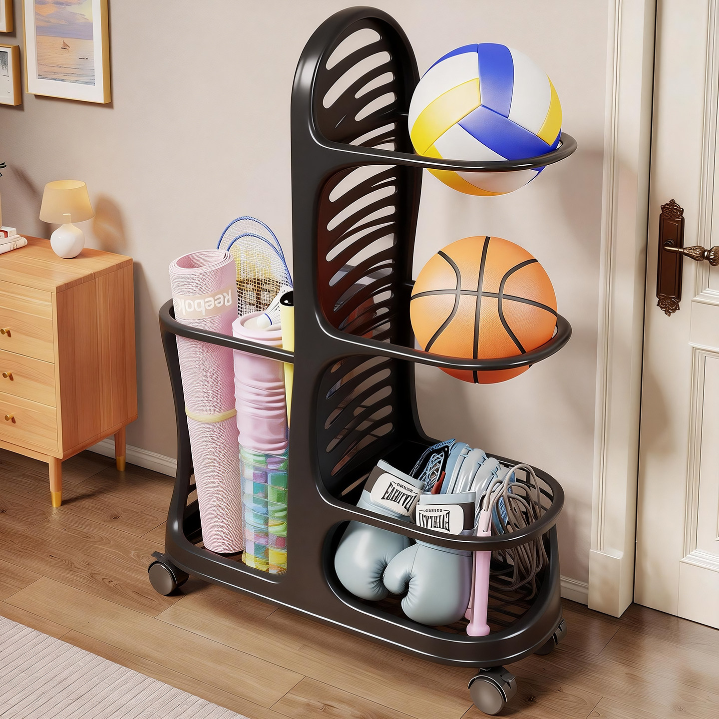 家用运动器材收纳架足球篮球储物筐客厅玄关瑜伽垫置物筐跳绳收纳,收纳整理,运动器材收纳用具,淘宝优惠券,粉丝福利购,淘宝优惠卷