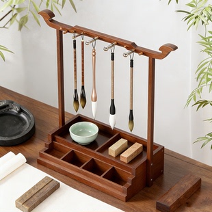 实木毛笔架多功能收纳带抽屉笔挂复古中式书法用品文房四宝展示架