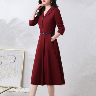 中长款连衣裙女春款2025年新款韩版洋气V领气质修身收腰衬衫裙