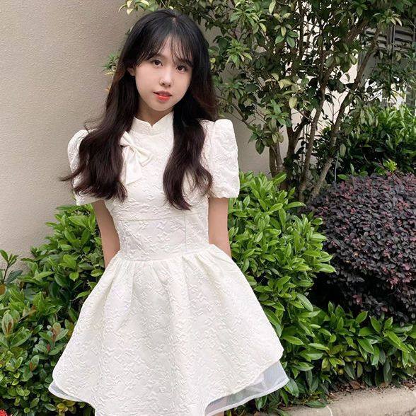 新中式日落公园连衣裙蝴蝶结提花网纱夏女学生收腰显瘦a字公主裙
