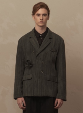 TAM TUAS【圣歌】植物染棉麻提花宫廷胸花腰带双排扣平驳领西装