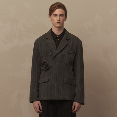 TAM TUAS【圣歌】植物染棉麻提花宫廷胸花腰带双排扣平驳领西装