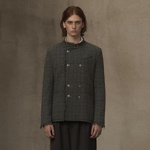 粗花呢羊毛千鸟格立领宫廷双排扣流苏西装 极夜 TUAS TAM