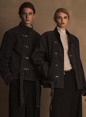 TAM TUAS【守望者】烟灰蓝酵素麂皮飞机扣斜门襟绑带秋季夹克外套