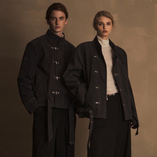 TAM TUAS【守望者】烟灰蓝酵素麂皮飞机扣斜门襟绑带秋季夹克外套