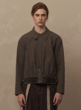 TAM TUAS【礼拜堂】亚麻棉条纹廓形拼皮下摆收褶气球夹克外套