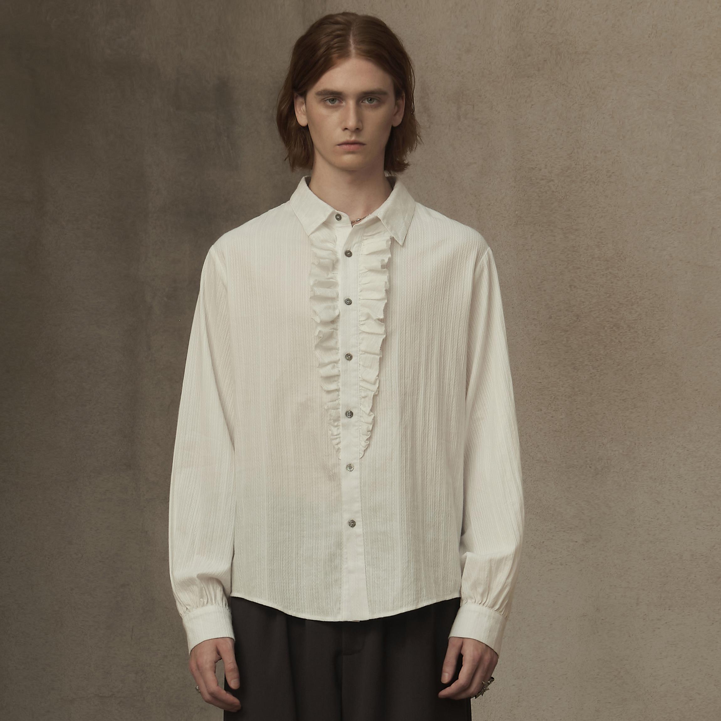 TAM TUAS【卡门】长绒棉重磅高支高密条纹提花宫廷褶边长袖白衬衫