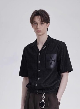 TAM TUAS【南郡】凉感轻薄黑色原牛真皮雕花boxy腰带牛仔短袖衬衫