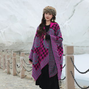 民族风披肩女士云南丽江草原旅游穿搭斗篷外套仿羊绒围巾带帽1016