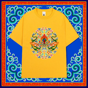 藏式青龙摩尼珠图印花T恤佛家高端纯棉短袖新款衣服男女夏季上衣