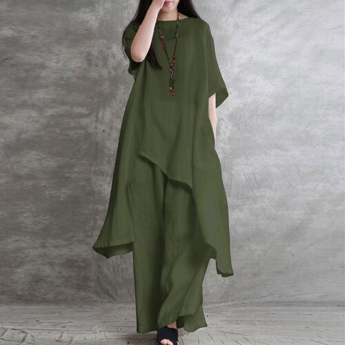 New plus size women's short sleeved top long pants shirt set