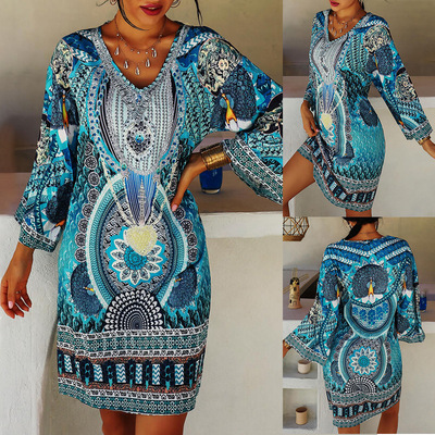 women's Ethnic long sleeved V-neck casual dress 2021 summer