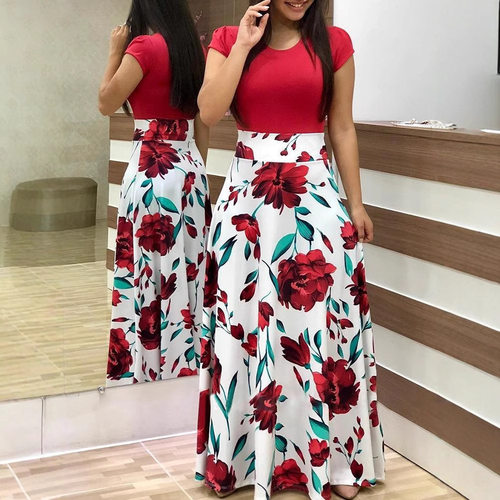 Autumn explosive version flower color blocked dress long sk