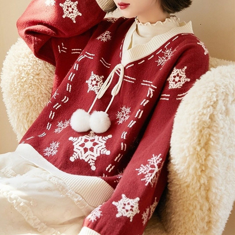 Christmas Knitted Sweater Women's Autumn/Winter Red pullover