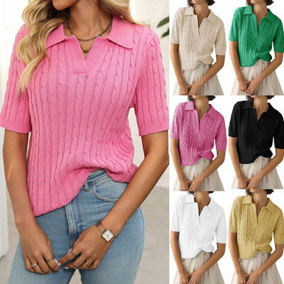 New Summer Women's Short Sleeve Twisted Sweater V-Neck Knit
