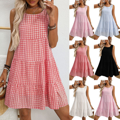 Summer loose casual flowing sleeve plaid dress,women's skirt