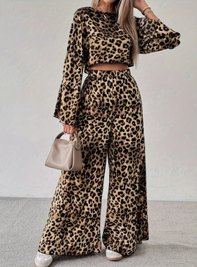 2pcs ladys leopard print loose long sleeved hoodie pants set
