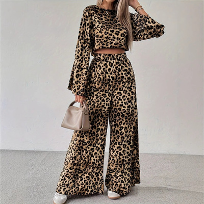 2pcs ladys leopard print loose long sleeved hoodie pants set