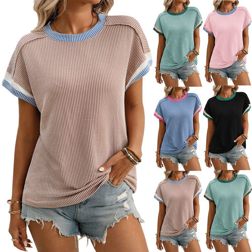 Summer women's twisted strip short sleeved loose shirt top