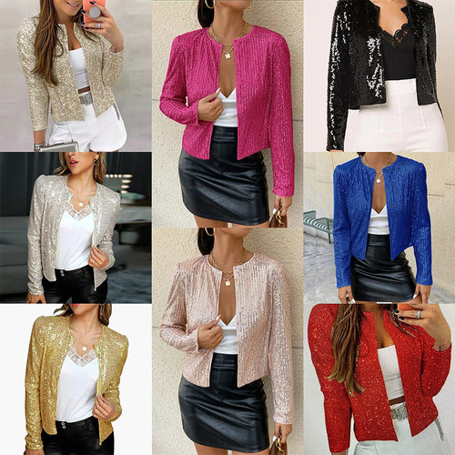 Spring long sleeved cardigan casual sequin jacket women's