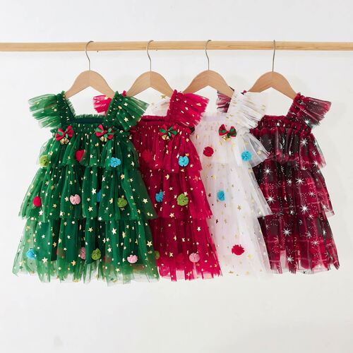 children's dress, Christmas star mesh cake dress, princess