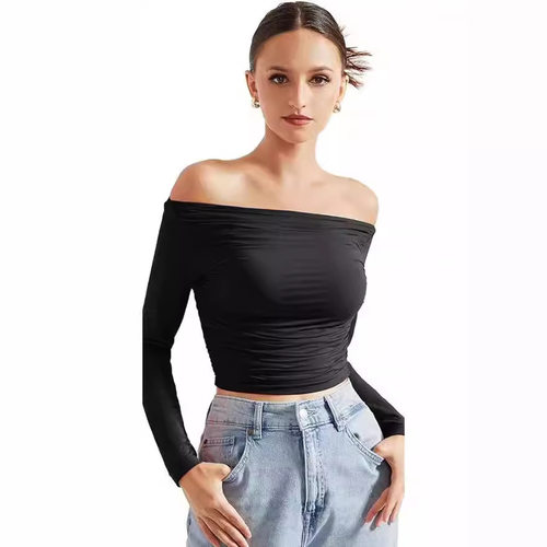 Women's diagonal shoulder shirt, long sleeved slim fit top,