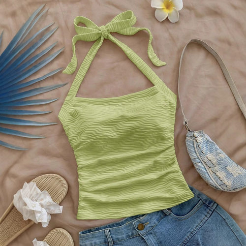 New Summer Retro Hanging Neck Strap Sleeve Short Vest Women
