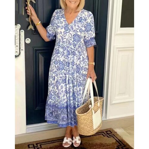 women's V-neck floral dress for vacation beach, loose long