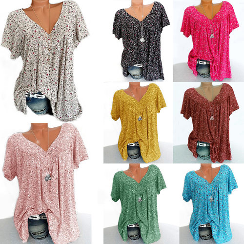 New summer floral V-neck short sleeved casual loose top wom