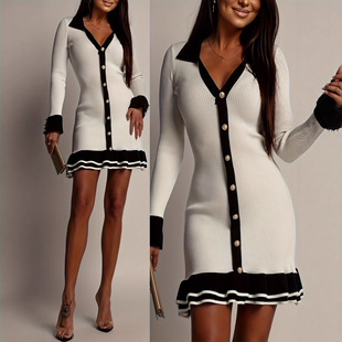 High waisted long sleeved knitted dress for women skirt