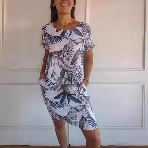 Women's loose short sleeved dress, A-line skirt, round neck