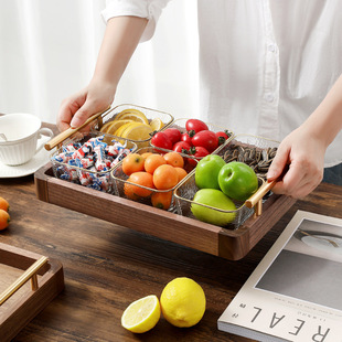 胡桃木玻璃水果盘轻奢干果坚果盘零售点心糖果收纳盒黑胡桃托盘