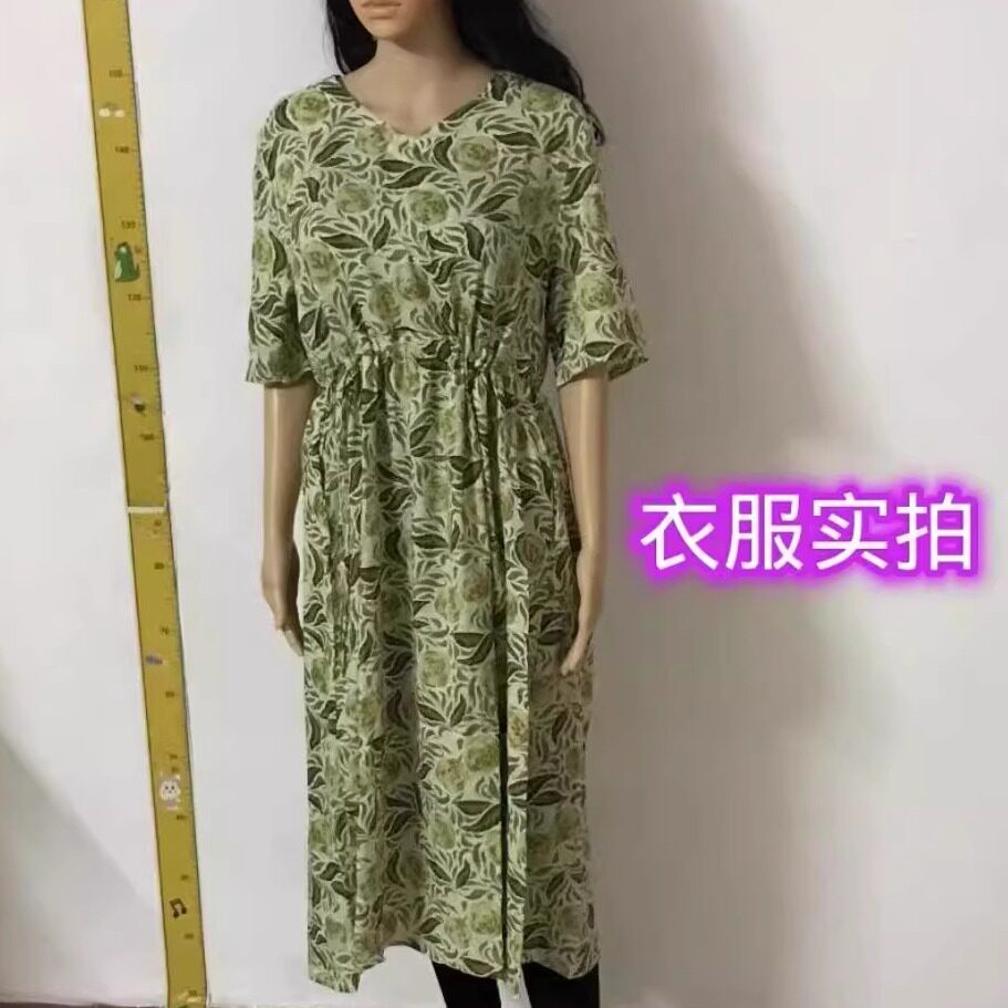 夏季中老年V领腰部抽带连衣裙
