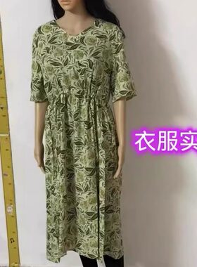 夏季中老年V领腰部抽带连衣裙