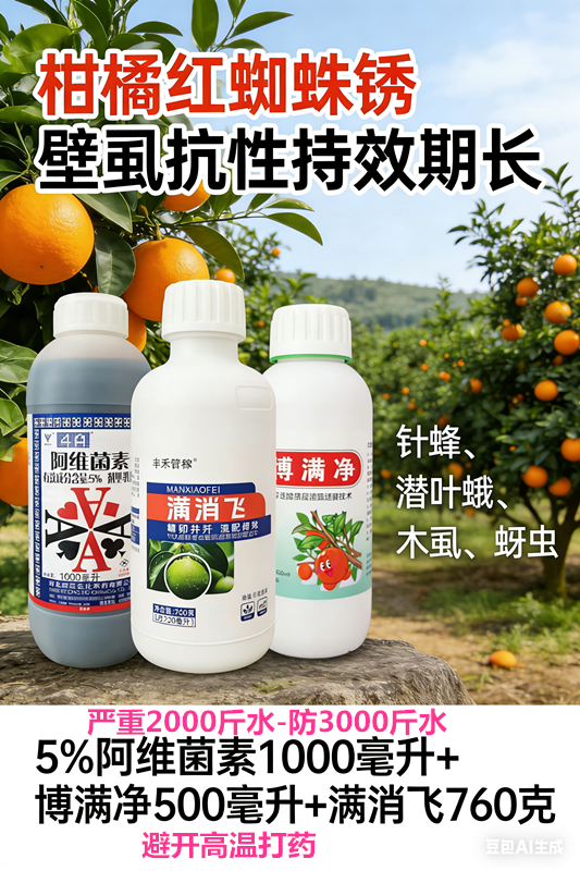 抗性专用组合红蜘蛛药5%阿维菌素+满消飞+博满净木虱锈壁虱蚜虫药