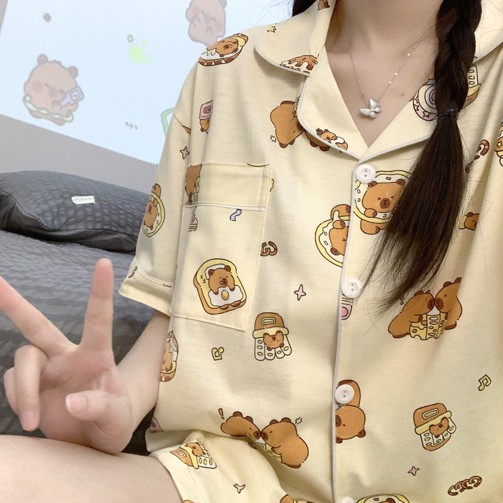可爱卡皮巴拉睡衣女夏季纯棉短袖短裤学生卡通大码夏天家居服套装