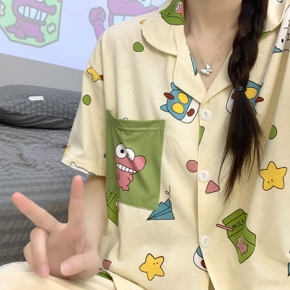 ins卡通鳄鱼先生睡衣女夏季纯棉短袖薄款可爱蜡笔小新家居服套装