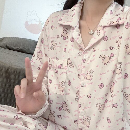 日系轻松熊冰丝睡衣女长袖春秋季