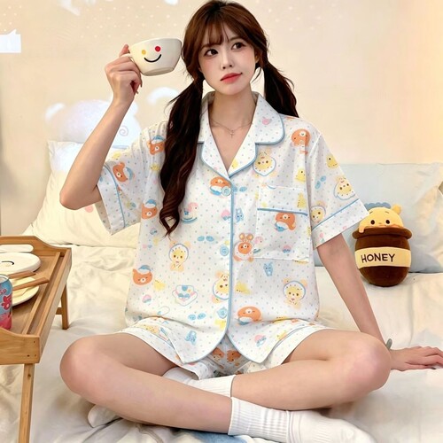 可爱轻松熊冰丝睡衣女夏季天薄款短袖短裤波点卡通大码家居服套装