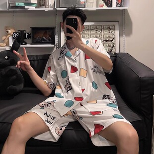 睡衣男款夏季2024新款冰丝高级感短袖蜡笔小新可爱男士家居服套装