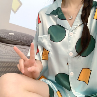 睡衣女夏季 夏天家居服套装 凉感冰丝短袖 宽松大码 短裤 蜡笔小新同款