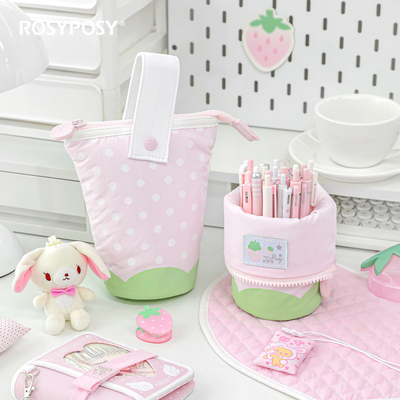 「稳稳站！波点草莓」Rosyposy笔袋巧克力ins竖翻笔筒收纳文具袋