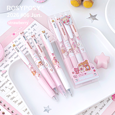 「轻松熊联名！草莓笔」ROSYPOSY柔设0.5可爱中性笔学生黑按套装